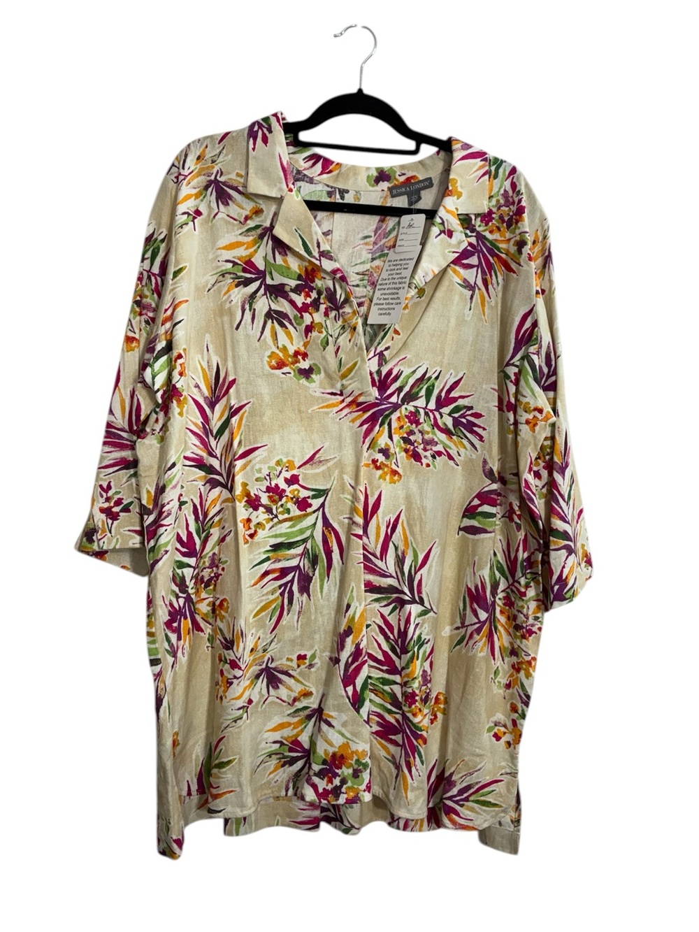 Jessica London Linen Rayon Floral V-Neck Tunic 3/4 sleeves 20W New